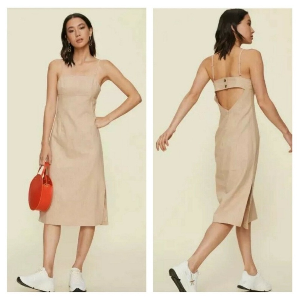 LPA Janina Side Slit Open Back Square Neck Midi Dress Sand Beige Neutral XL